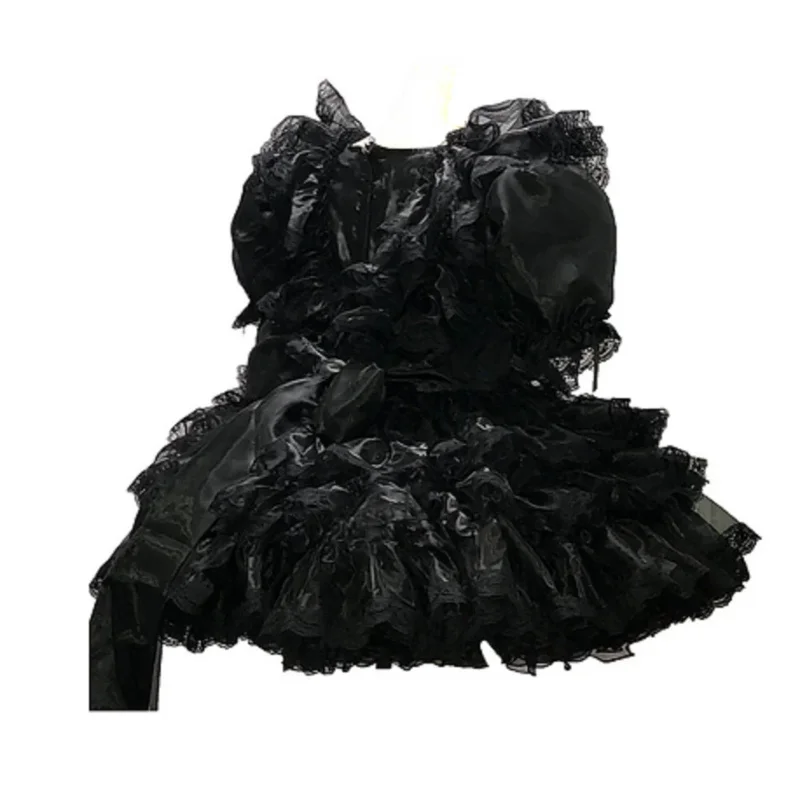 Sexy sippy girl maid black satin lace patch square neck loose bubble sleeve princess dress multi layered cake tower skirt custom