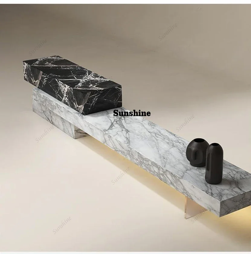 Italian Luxury Natural Marble TV Console, Water-Resistant & Scratch-Proof, EO Certified, Customizable Villa Entertainment Center