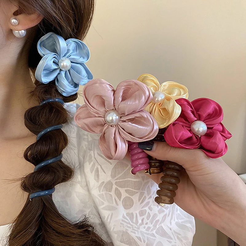 

Vintage Flower Elastic Rubber Bands Telephone Wire Hair Ties Spiral Coil Hairbands Braid Hair Ropes Ponytail Hair Accessories