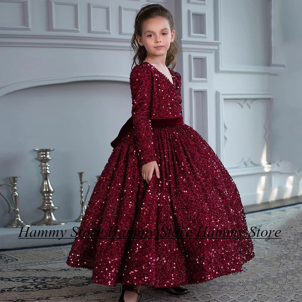 

Burgundy Flower Girl Dress Long Sleeves V Neck Sequined Graduation Christmas Party Dresses for Wedding Pageant Communion Gown