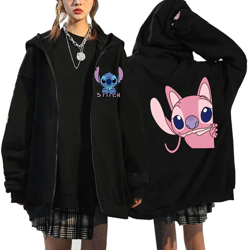 

Women's Oversized Zipper Hoodie MINISO Luxury Brand Disney Lilo and Stitch Couple Hooded Sweatshirt Autumn and Winter Warm Jacke
