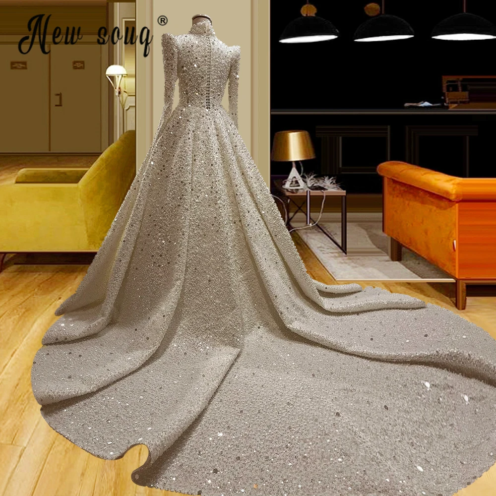 Muslim Champage Bead Wedding Dress Ball Gown Plus Size Bridal Gowns for Bride Luxury Vestidos De Fiesta Engagement Party Dresses