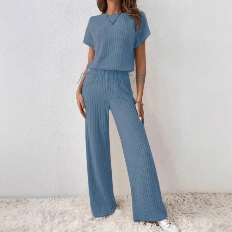 Women Spring Autumn New Collection Solid Color Fine Pit Strip Fashion Shoulder Short Sleeve Knitted Set Top Pants Two Piece Set