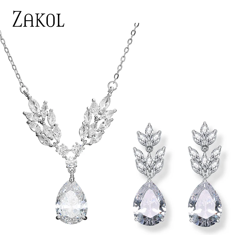 ZAKOL Brand Water Drop Wedding Jewerly Sets for Women CZ Cubic Zirconia Dangle Earrings Necklace SP3192