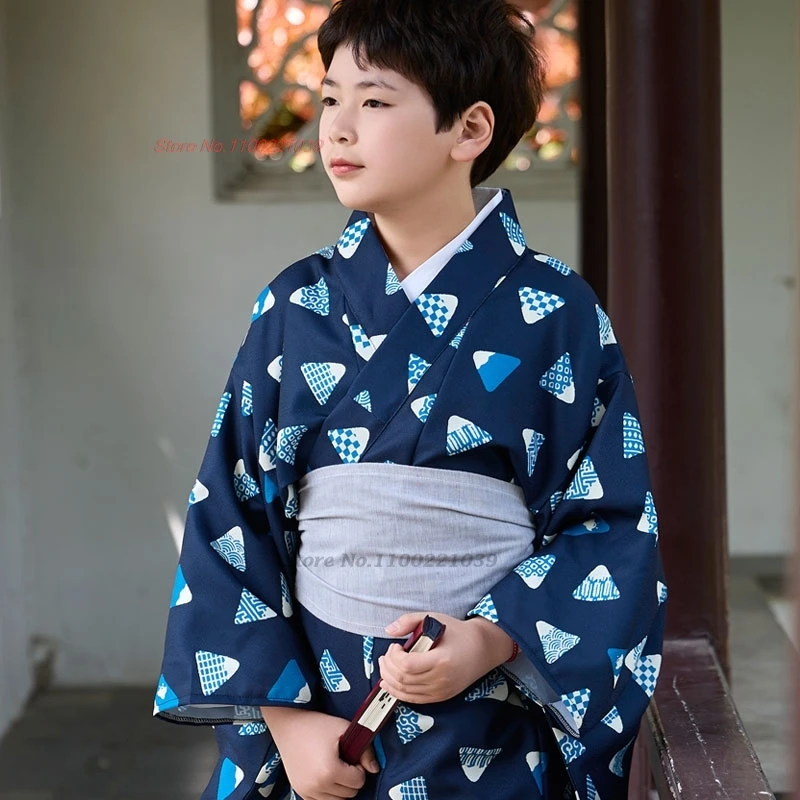 

2025 japanese vintage children clothes traditional kimono robe+belt national flower print kimono yukata boy performing costume