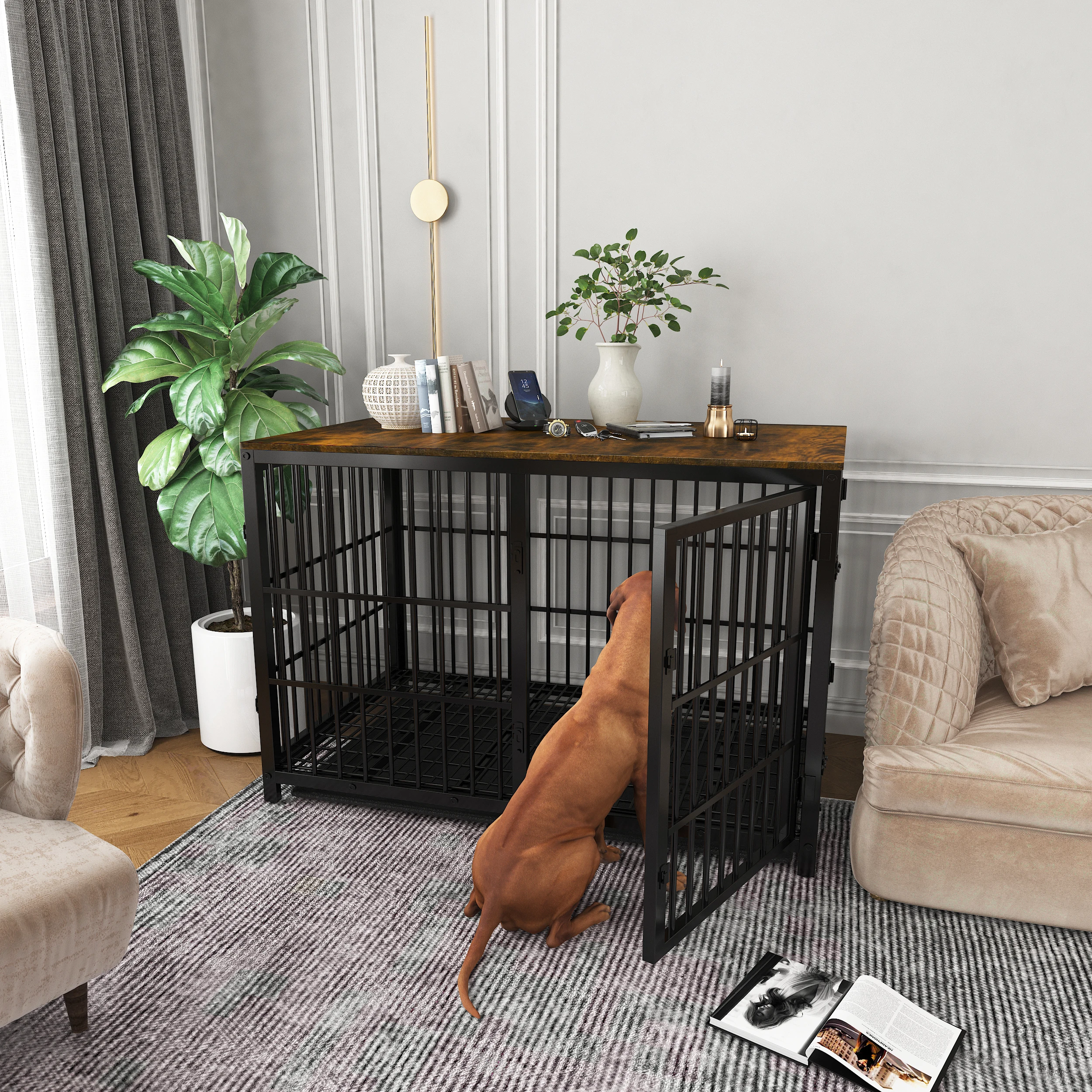 Furniture Style Dog Cage Extra Large Wooden Pet Kennel End Side Table with Tray and 3 Doors for Medium to Large Dogs