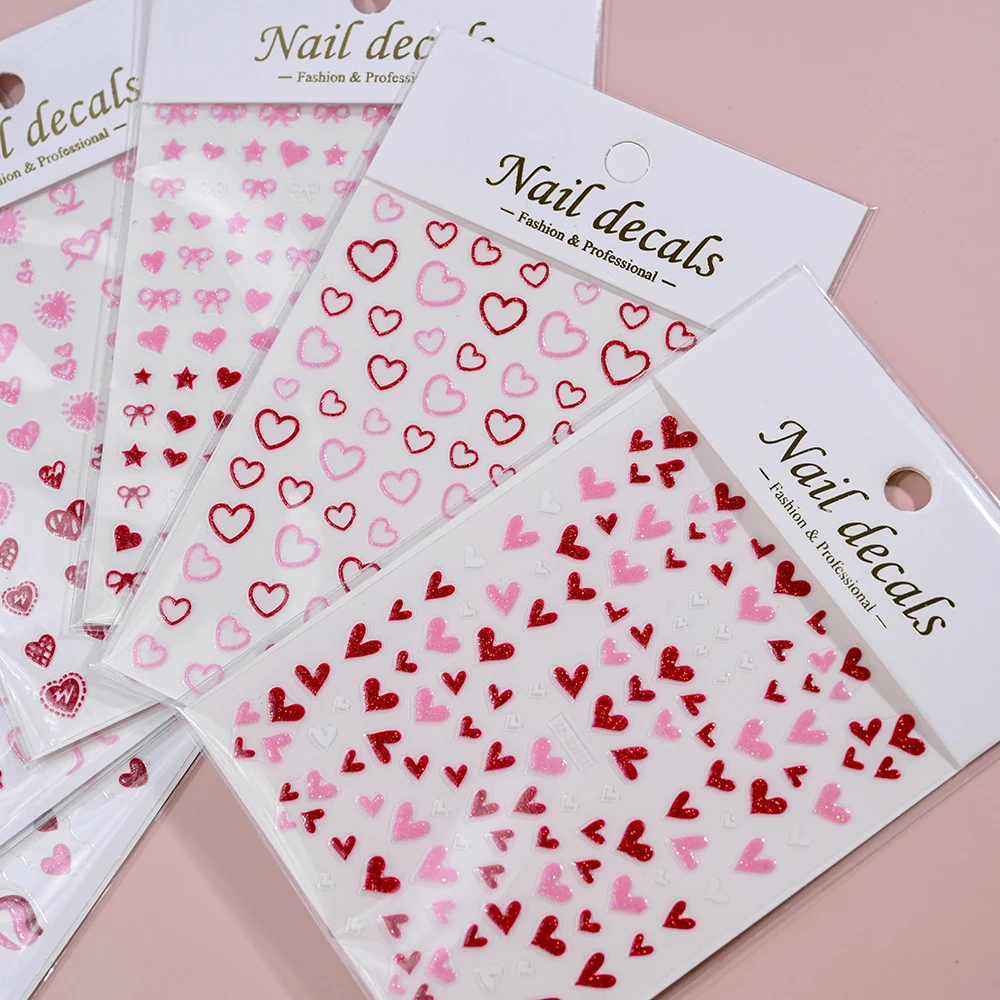 1PC 5D Pink/Red Love Heart Nail Sticker Glitter Shiny Heart Valentine\'s Day Nail Decal 8*10cm Kawaii Self-adhesive Nail Supplies