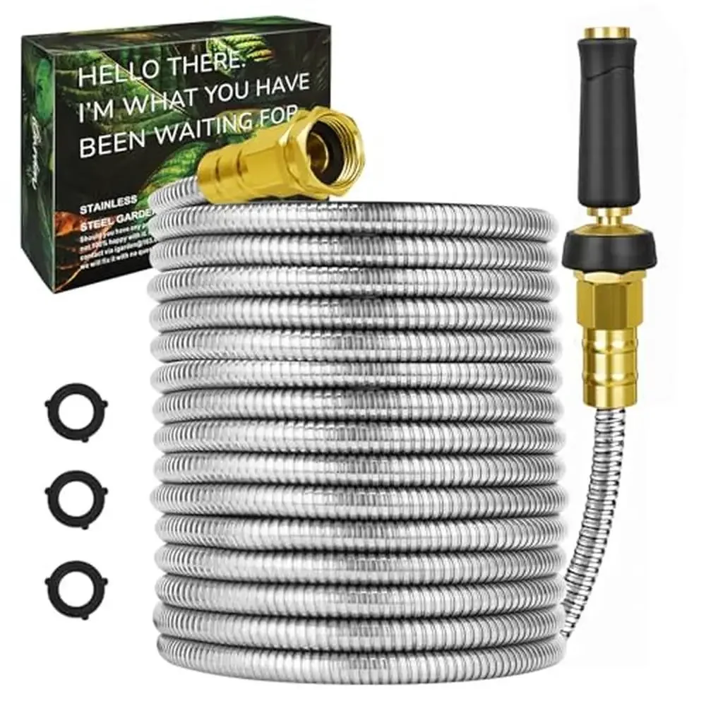 

125FT Stainless Steel Garden Hose with Brass Nozzle Flexible Lightweight Water Hose Rust-proof & Kink-free Yard Hose Durable