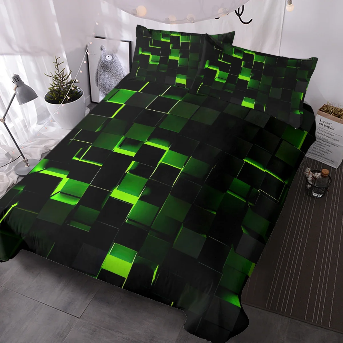 Abstract Duvet Cover Set Geometric Style Bedding Set 3 PCS Green Black Digital Dimensional Square Shaped Cubes Comforter Cover