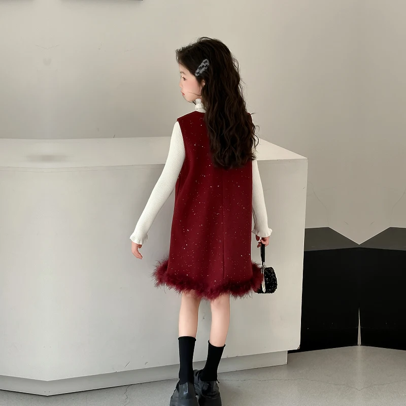 Girls' Wine Red Dress Set with Velvet 2025 Autumn/Winter Cute Style Baby Bow Princess Vest Dress Suit New Year's Wear Age 4-14Y