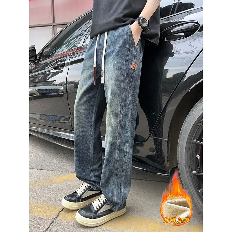 Warm Fleece Lined Casual Men's Jeans Straight Leg American Style High Street Long Trousers Loose Fit Fashionable Winter Pants