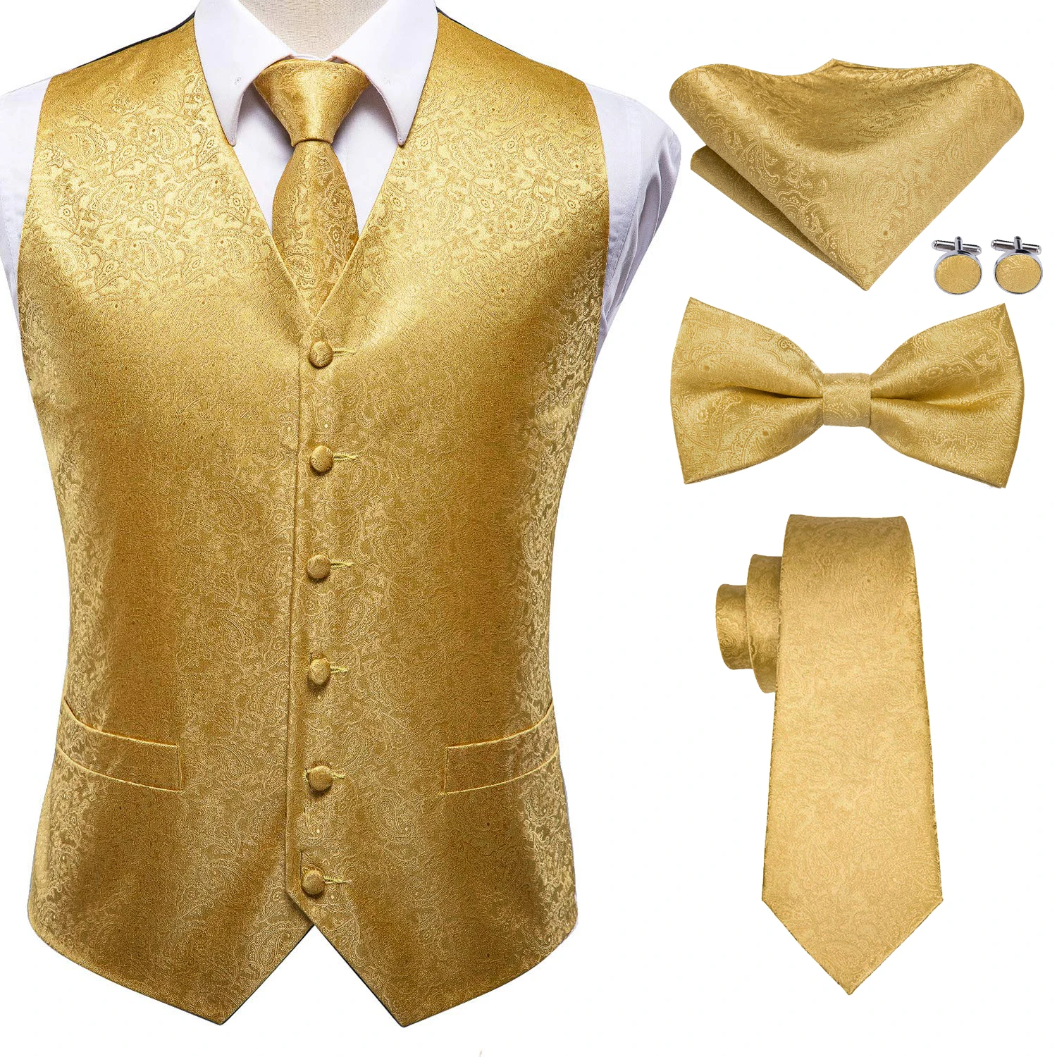 Luxury Gold Mens Vests Silk Red Blue Green Gold Waistcoat Tie Bowtie Hanky Cufflinks Set Male Waist Jacket Wedding Office Hi-Tie