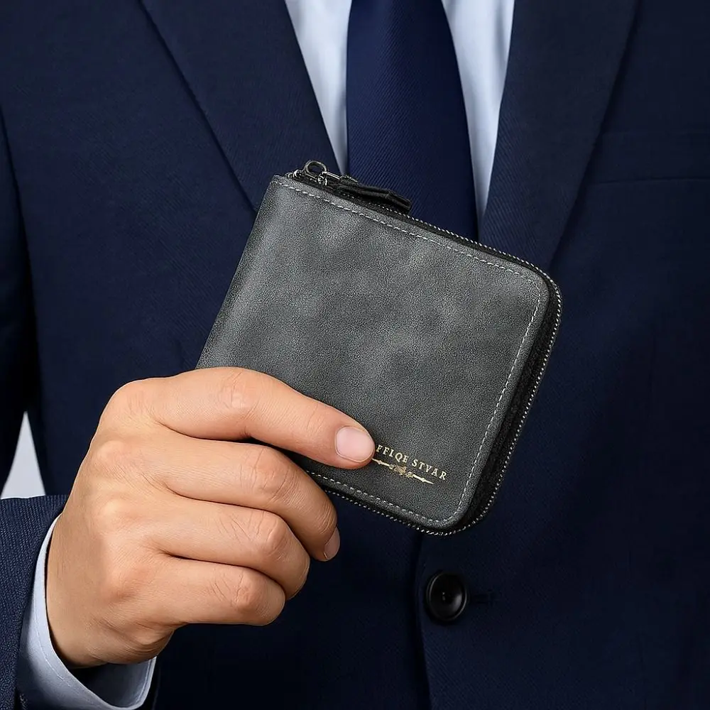 

Vintage Style PU Leather Men's Wallet Large Capacity Multi-functional Short Card Bag Square Zipper Closure Student Purse Gift