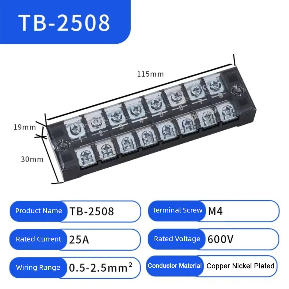 600V Screw Terminal Block 25A Current Rating 3-20 Positions Dual Row Terminal Block Dual Row Design Barrier Strip Structure