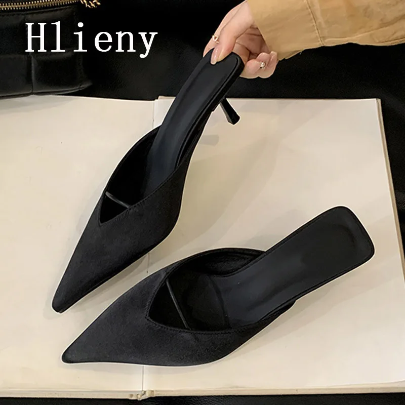 Hlieny Cozy White Leather Pointed Toe Designer Low Thin Heels Mules Slippers For Woman Shoes Pumps Women Slingback Sandal Slides