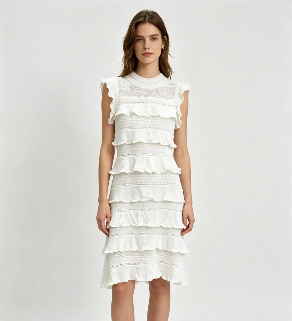 High Quality Lady Elegant Style Summer O-neck Sleeveless Wear Designed Hollow Out Ruffles A-line Knits Midi Dress
