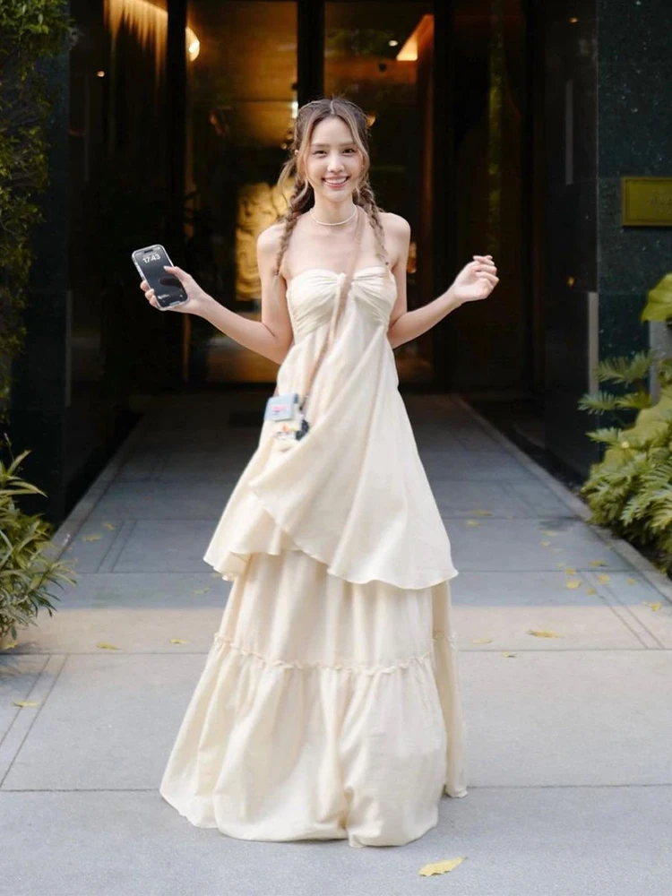 로맨틱 빈티지 비치 바캉스 스트랩 드리프팅 롱 드레스 새로운 디자인 센세이션 A라인 스커트 여름 시즌 V넥 드레스