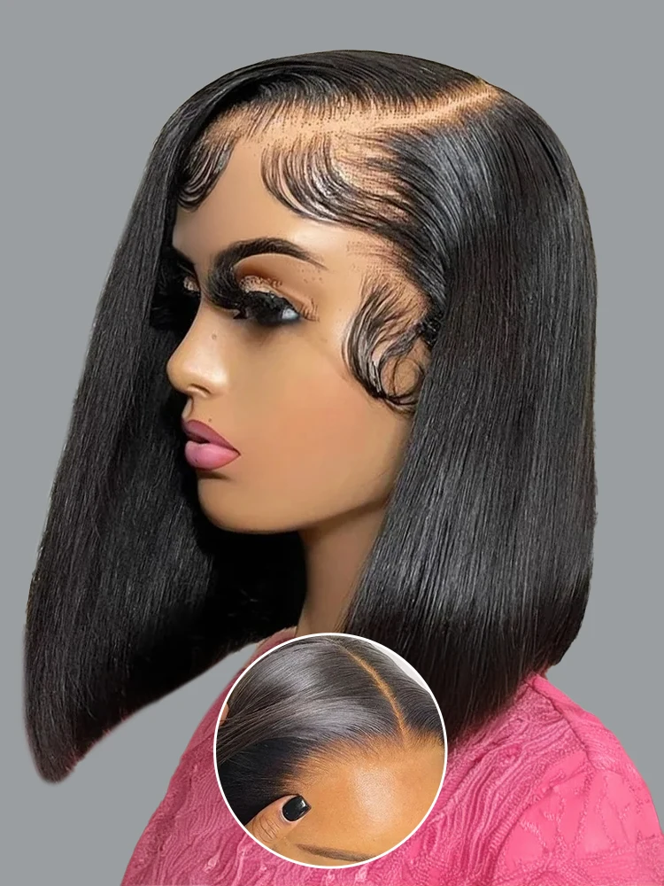 Haarwerk zonder lijm, recht bob model, 5x7 voorgeknipte kant sluiting, kant-en-klaar pruik, 220% dichtheid, zwarte kleur, Braziliaans mensenhaar. - afbeelding 2