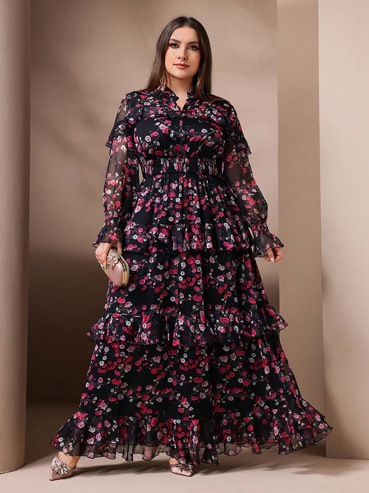 TOLEEN-Women Elegant Floral Print Mesh Flare Sleeve Dress, Casual V-Neck Party Long Dresses, Spring, Summer, Plus Size, New 2024