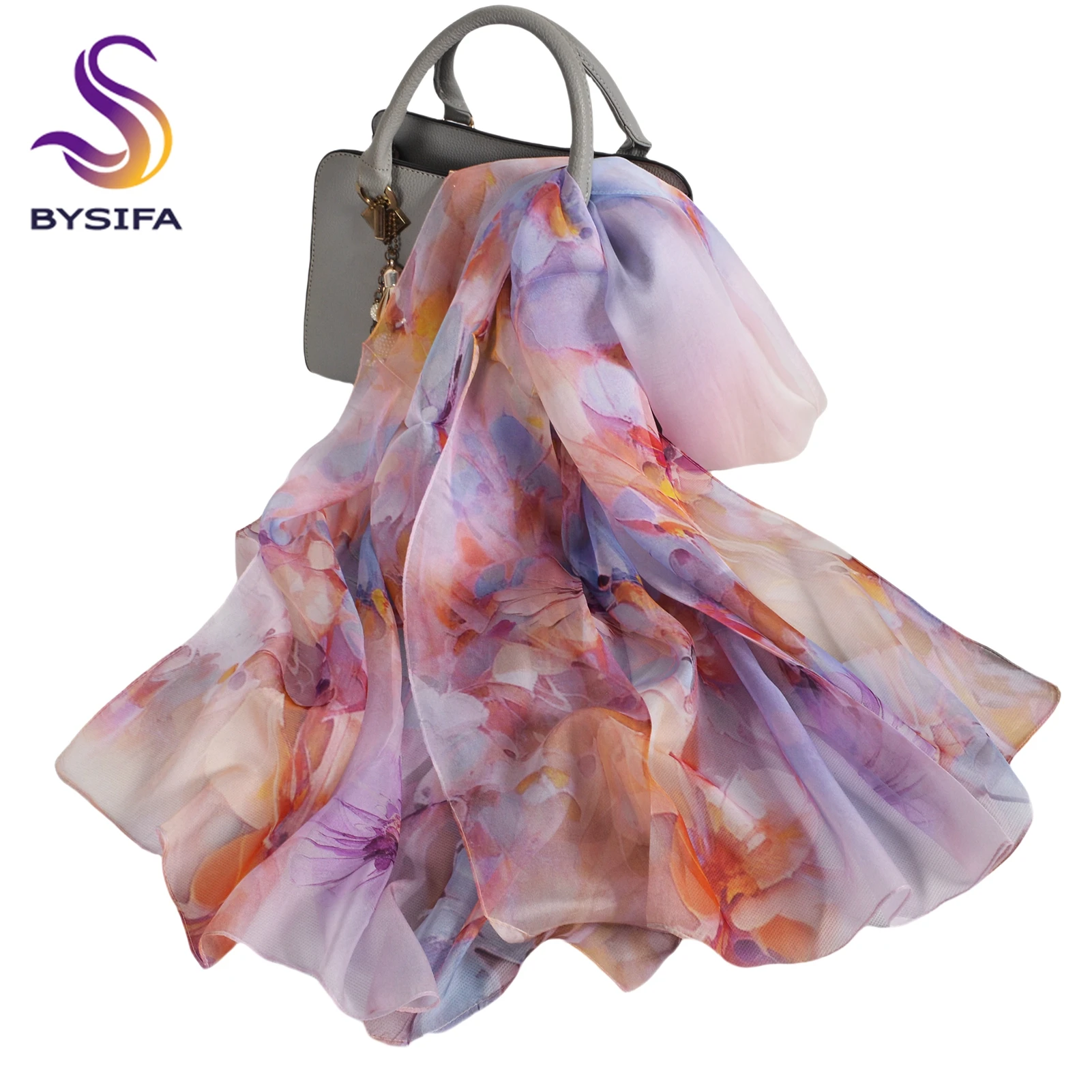 

[BYSIFA] Spring Fall Purple Pink Long Silk Scarf Floral Design 100% Mulberry Silk Beach Shawl Scarf Winter Silk Scarves Echarpes