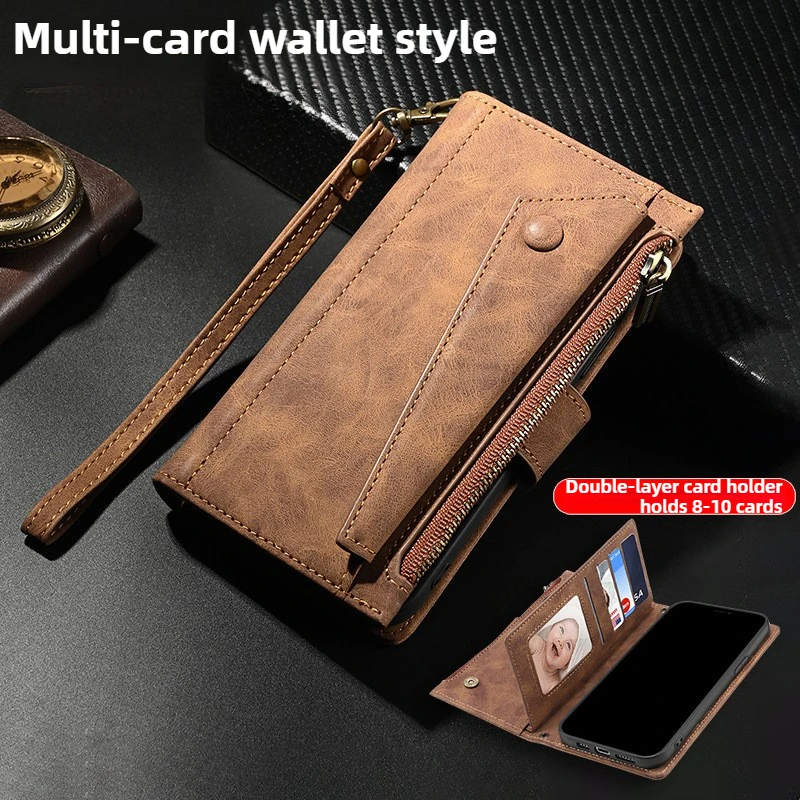 

Кожаный чехол на молнии для Samsung Galaxy S25 Ultra S24 Plus S23 S22 S21 S20 FE Note20 Ultra, держатель для карт + ремешок на запястье, чехол-кошелек