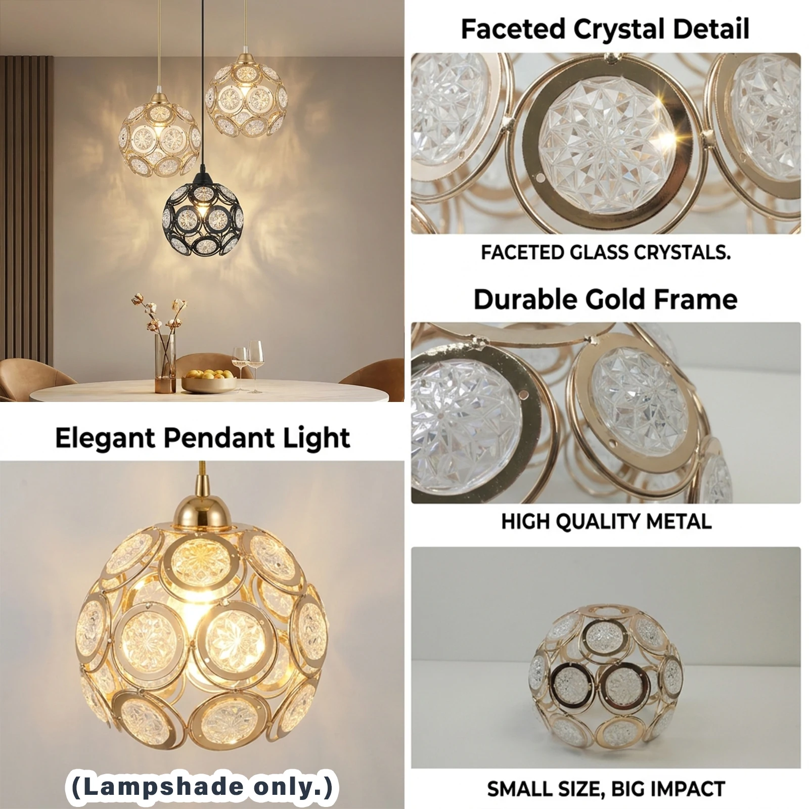2‑Color Option Crystal Globe Lamp Shade, Metal Frame Faceted Glass Replacement Shade for Ceiling Pendant Light & Wall Sconce
