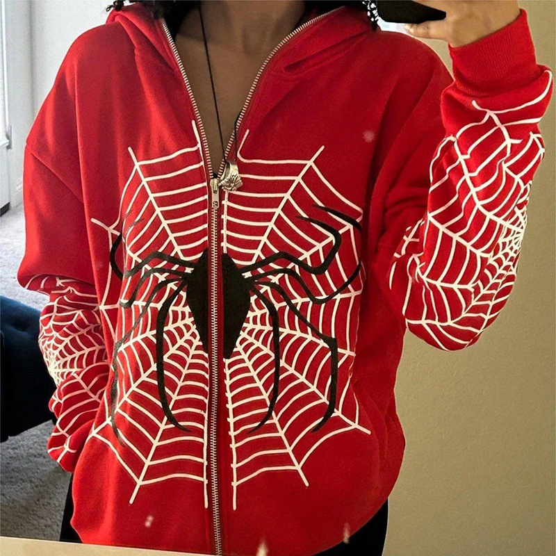 Y2k Women Pullover Winter Fall Hoodie Casual Zip Jacket Spider Hip Hop Hoodies Meteor Rhinestone Printed Harajuku Streetwear