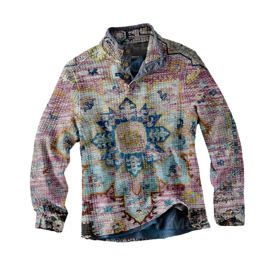 Men's Long Sleeve Casual Top Retro Flower Print Men's Polo Pullover Men Autumn Winter Sweater