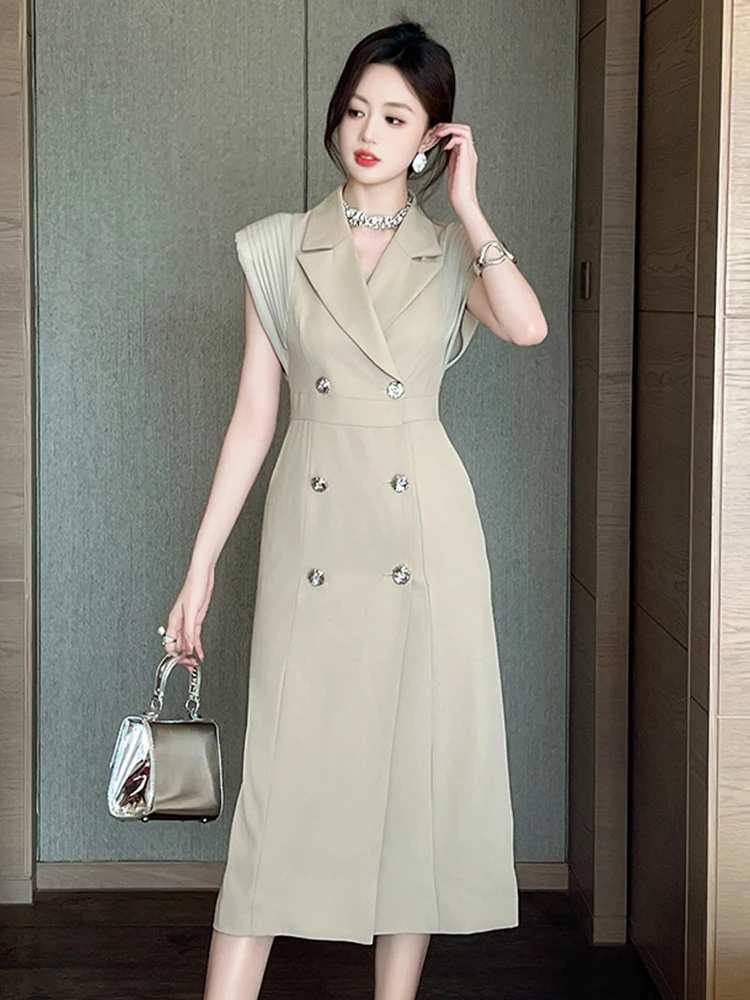 

New Elegant Lady Work Style Businesse Formal Dress Women Clothes Commute Blazer Solid Notched Neck Sleeveless Slim Midi Vestidos