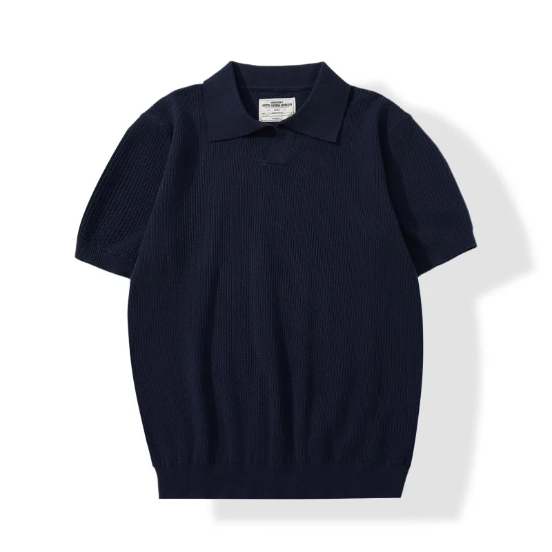 New Seagull Collar Italian Polo Solid Color Short Sleeve Pit Strip Knitted Polo Shirt Old Money Style