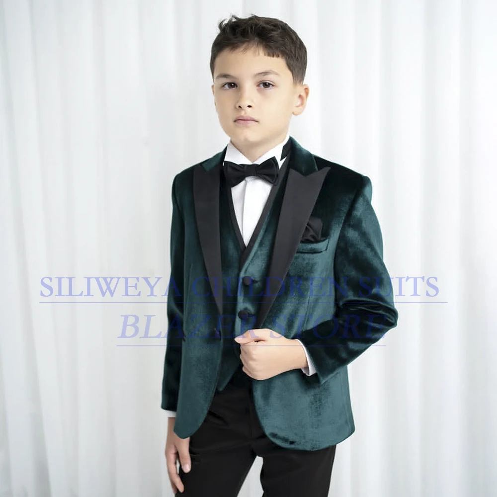 

Fashion Velvet Boy's Suits Elegant One-Button Peak Lapel Slim Fit 3 Piece Jacket Pants Vest Elegant Wedding Children Clothing