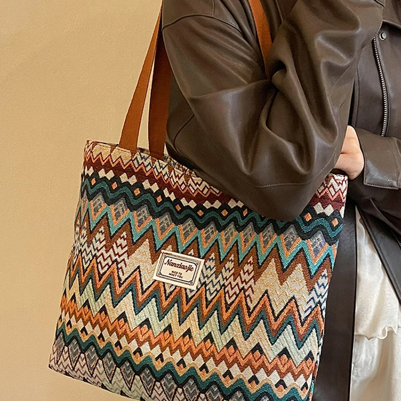 Bohemian Ethno-Stil Geometrischer Druck Canvas-Umhängetasche, Bunte Zickzack-Muster-Handtasche für Damen, Leichte Pendler-Tragetasche – Detail 6