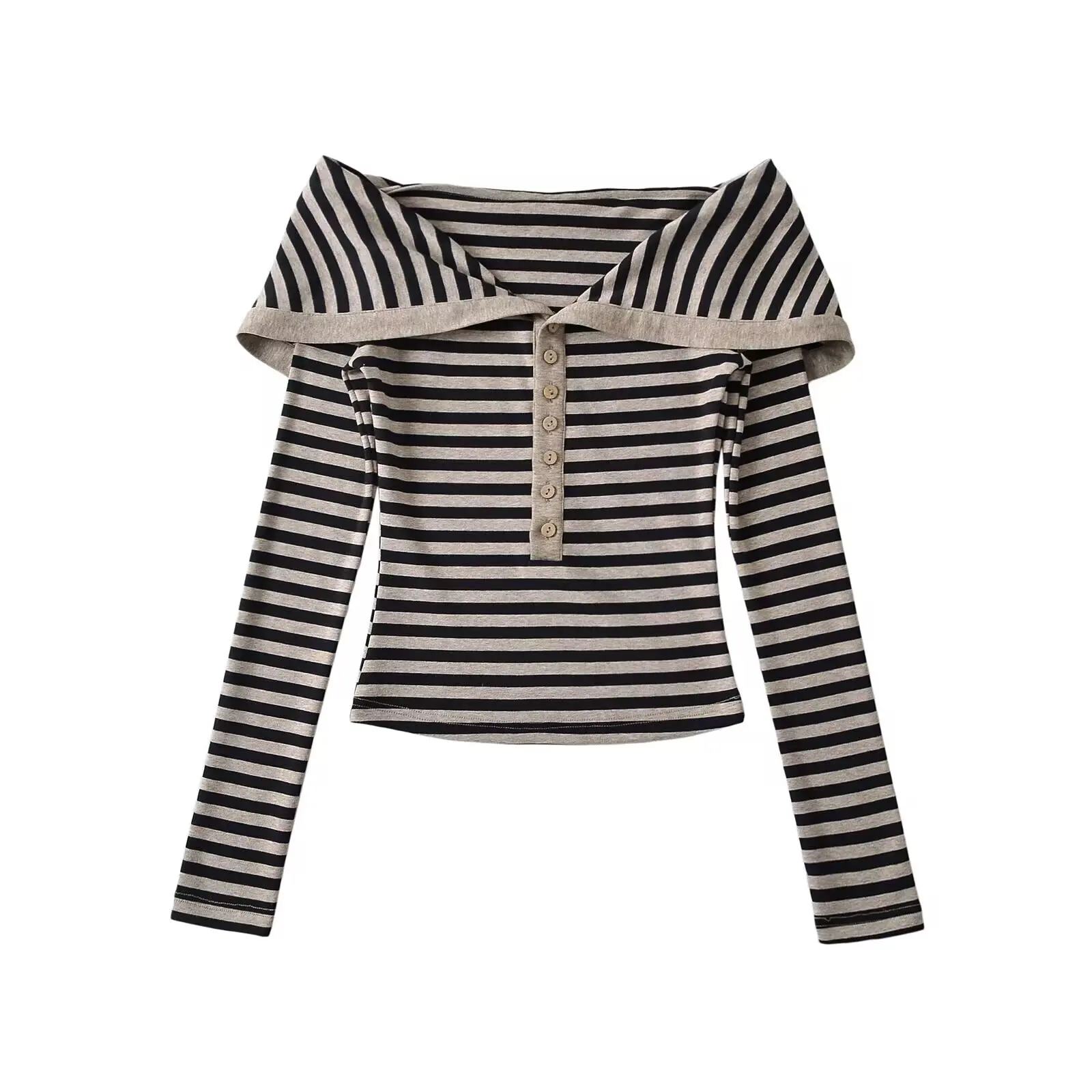 قميص نسائي بأكمام طويلة وتصميم مخطط ضيق، بياقة كبيرة وكتف واحد مع أزرار، أسلوب عصري وجذاب للشارع #4