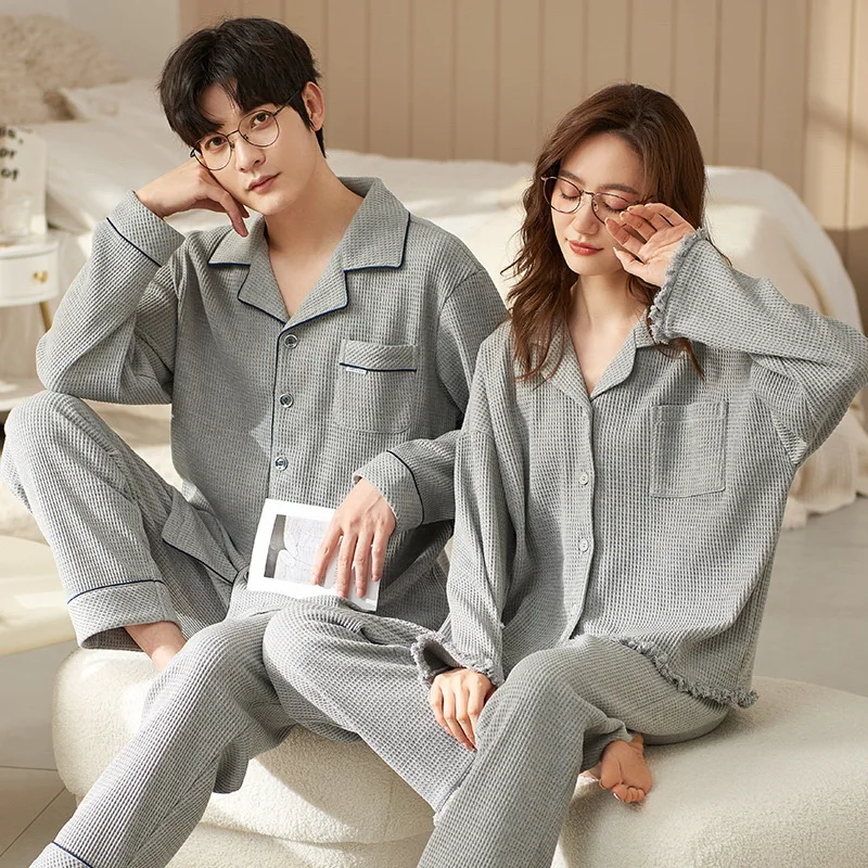 100% Cotton Couples Solid 2PCS Pajama Set 2022 Autumn New Ladies Sleepwear Long Sleeve Pijama Suit Can Be Wear Outside Men