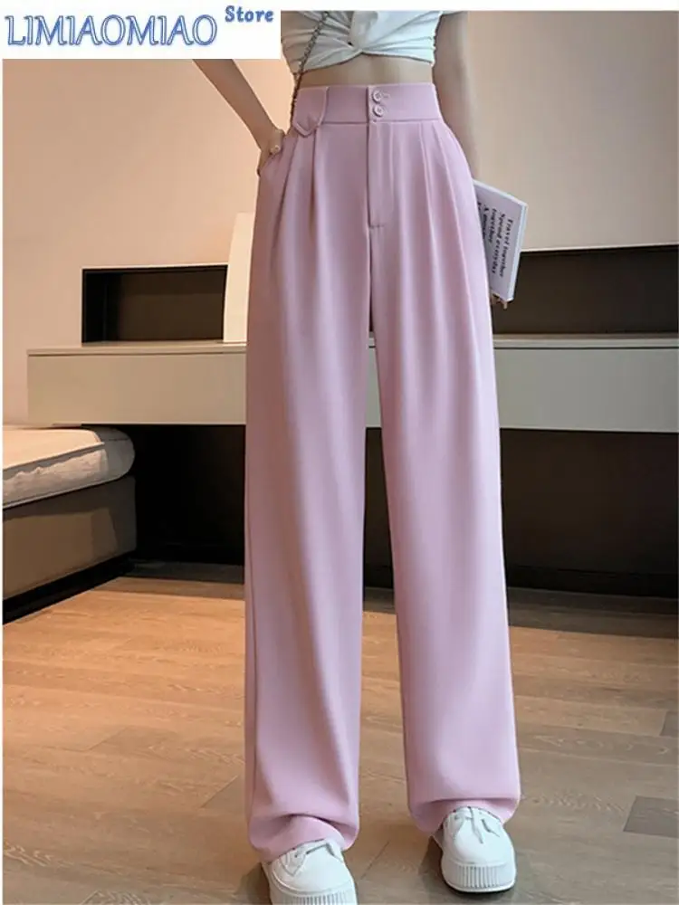 

New White High Waisted Pants for Women Spring Korean Fashion Button Up Wide Leg Pants Office Ladies Casual Pants