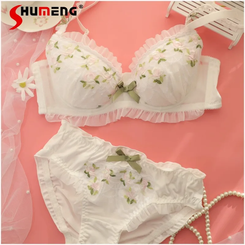 

Push Up Women's Bra Set Japanese Style Fresh Mesh Embroidery Intimates Female Floral Print White Color Sweet Cute Brief Suits