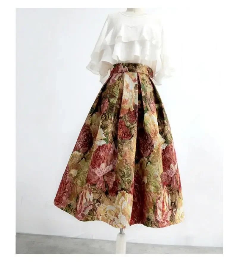 Französisch Malerei Floral Elegante Chic Hohe Taille Ballkleid Lose frauen Rock Knielangen Lange Röcke Für Frauen Kleidung mode – Detail 5