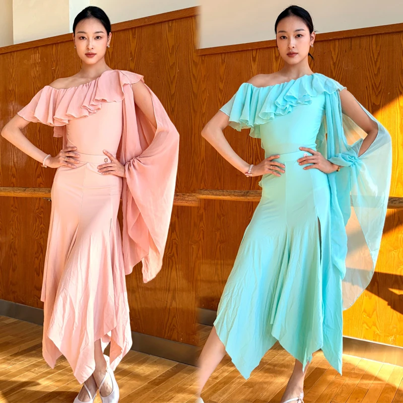 Adultos roupas de competição de dões latinos manga irregular babados saias superiores mulheres samba dança de salão desempenho wear sl14568