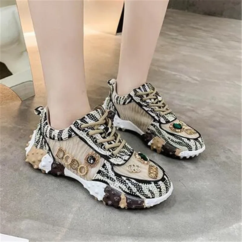 Women Casual Sneakers Luxury Designers Rhinestone Diamond Thick Bottoms Shoes Female Tennis Trainers Jogging Walking Shoe