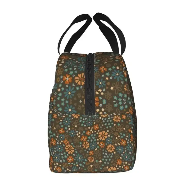 Retro Hippie Summer Florals Pattern Insulated Lunch Bags for Women Portable Cooler Thermal Bento Box Outdoor Camping Travel