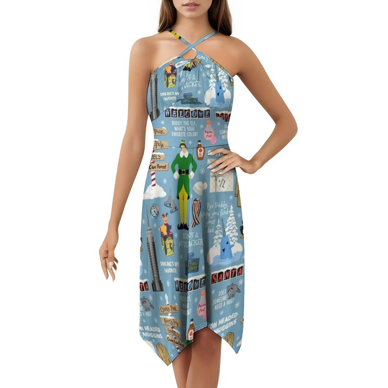 فستان بوهيمي بدون أكمام بخلفية زرقاء من Buddy The Elf للنساء مطبوع عليه فساتين حفلات الشاطئ Elf Buddy The Elf Elf Movie #5