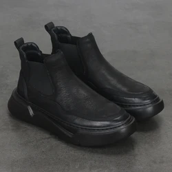 New Leather Men's Boots Black Fashion All-match Cowhide Casual Short Boots Thick Soles Comfortable Men's Fashionable Shoes