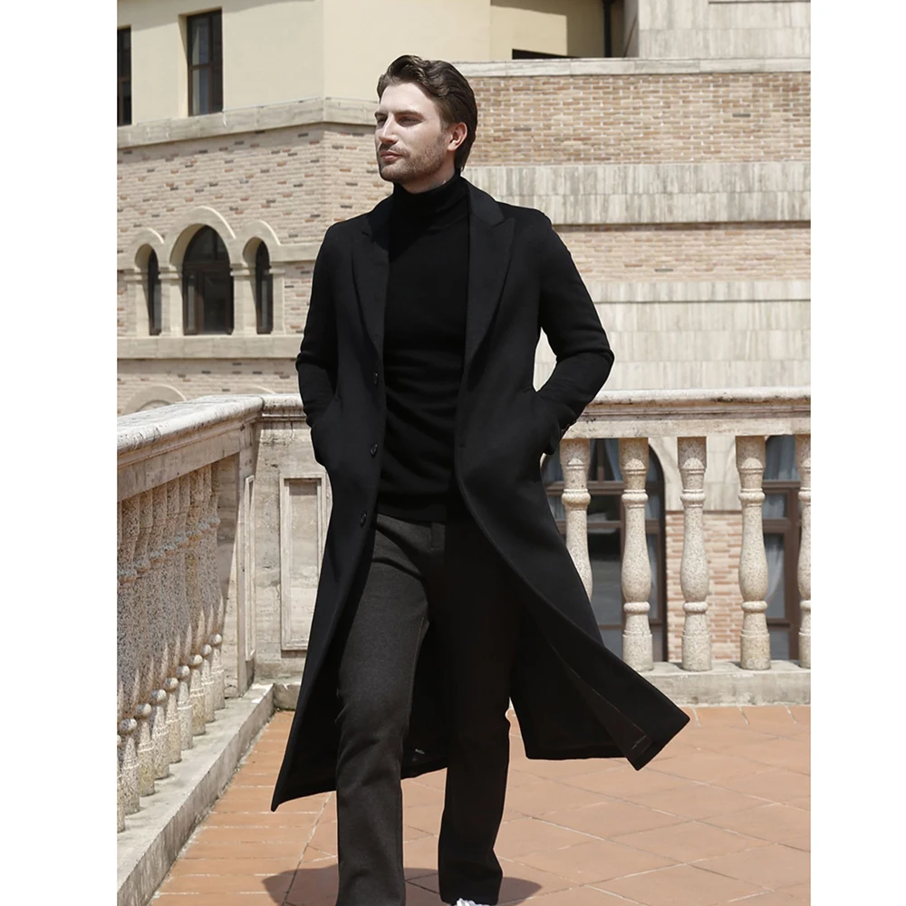 

2023 New Men Suits Blazer Classic Black Peak Lapel and Double Breasted Wool Long Jacket Casual Slim Fit Men's Coat Only 1 Coat