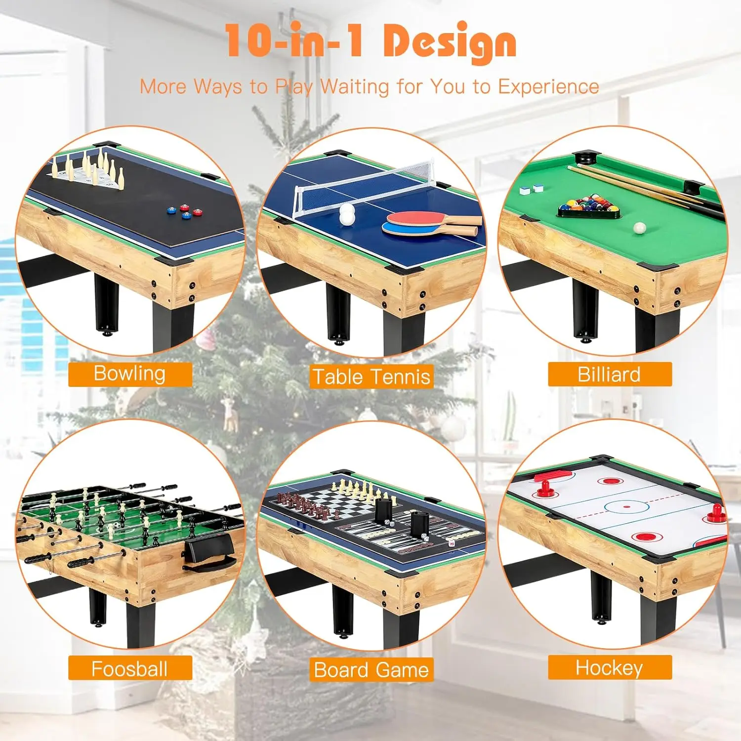 Multi Game Table, 10 in 1 Combo Game Table w/Foosball Table, Air Hockey, Pool Table, Ping Pong, Shuffleboard, Bowling & 4 Board