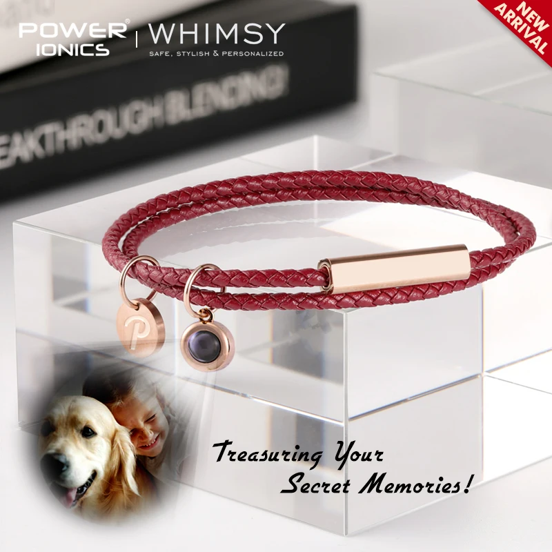 POWER IONICS WHIMSY Men Women Genuine Leather Wrap Charm Bracelet With Custom Projection Photo Pendant Couple Family Friends Mem