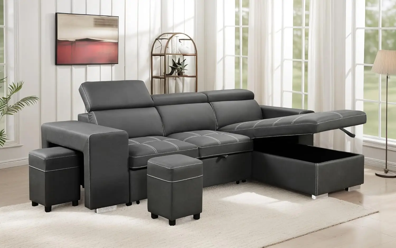 102'' Microfiber Sectional Sleeper Sofa with Pull Out Bed Reversible Storage Chaise 4 Seats L Shaped Sectional Charcoal Grey