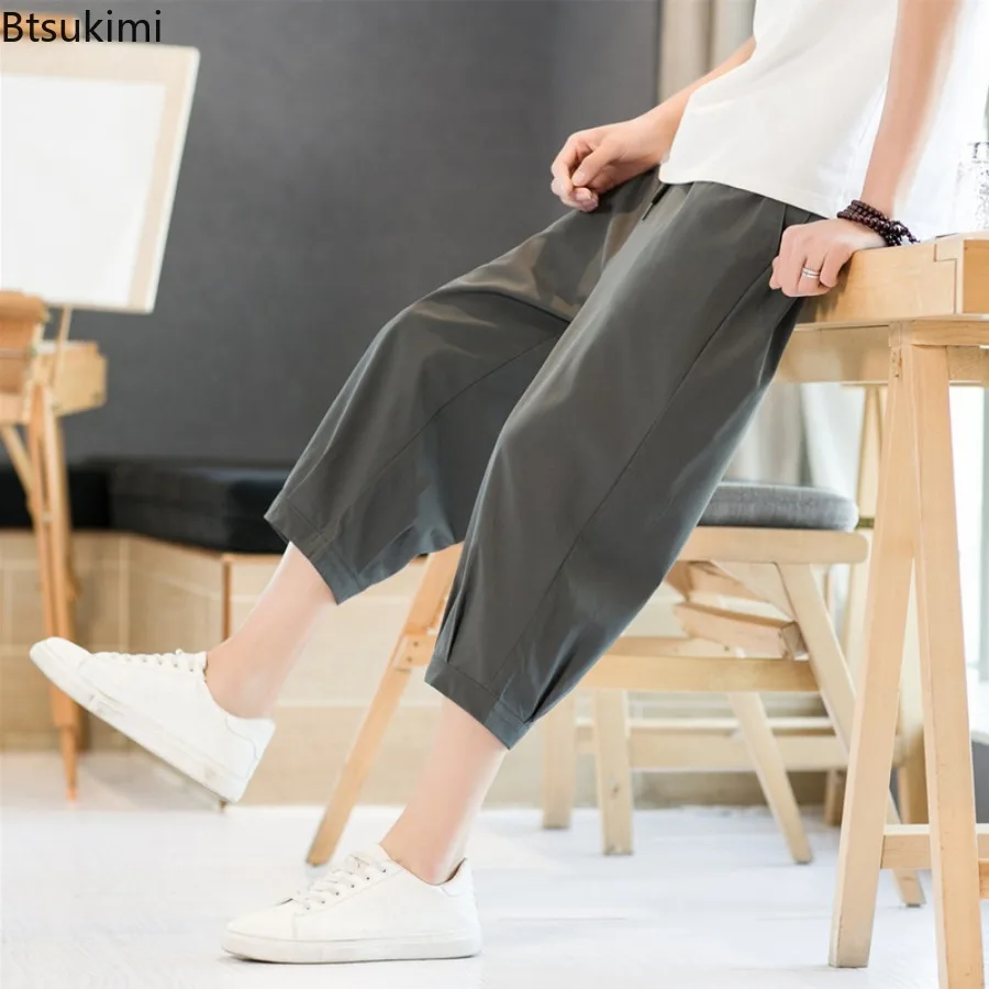 Summer New Men's Loose Casual Trousers Breathable Solid Drawstring Sport Pants Thin Style Quick Drying Joggers Men Capris Shorts