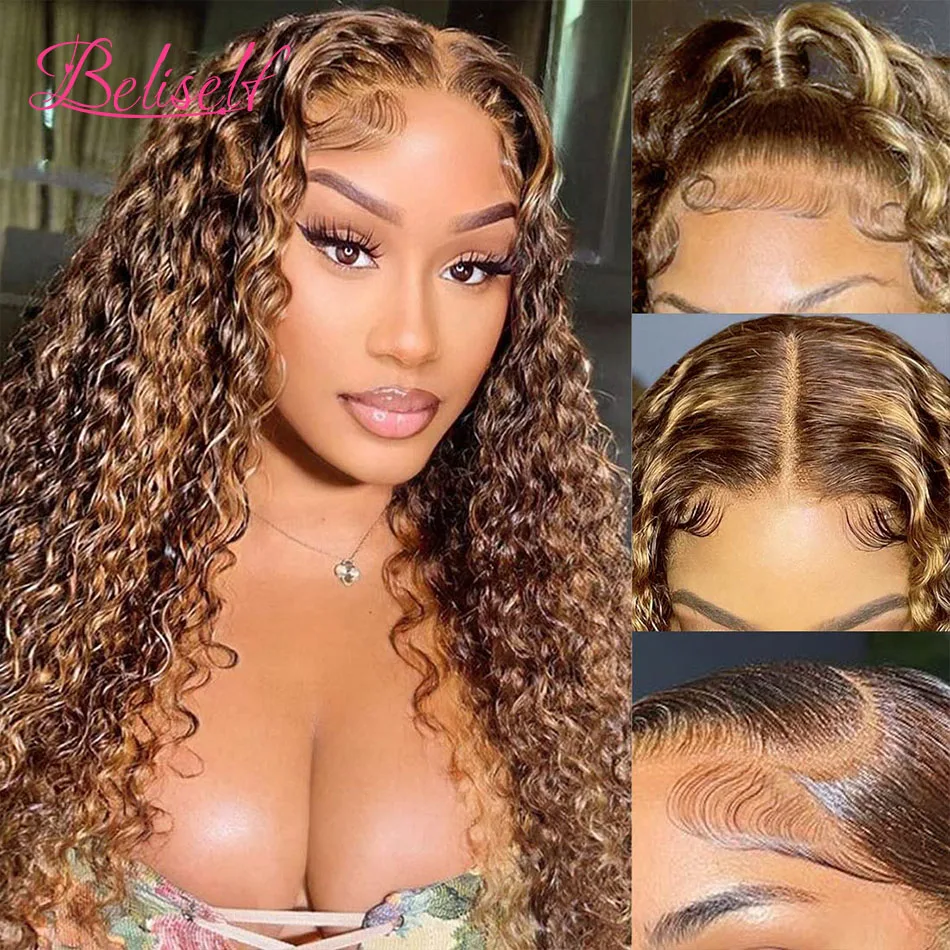 4/27 Highlight Deep Wave Lace front wig Curly human hair wigs Colored 13x4/13x6 Transparent lace Frontal Wig for women Beliself