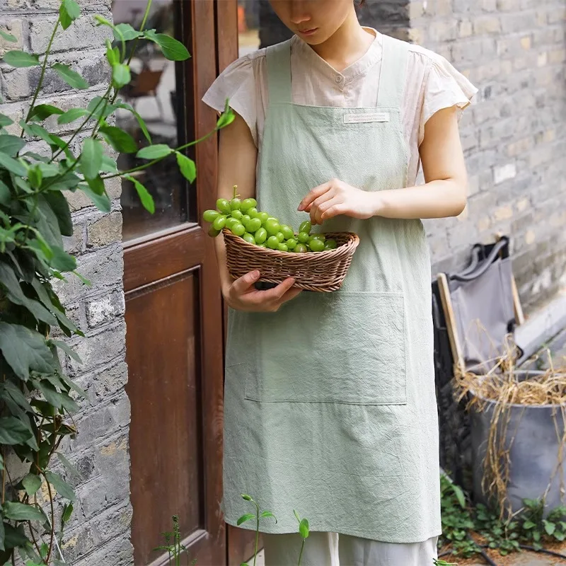 Japanese Korean Cotton Garden Kitchen Apron with Pockets for Women Anti-dirty Cross-back Apron for Cooking Cleaning Pinafore