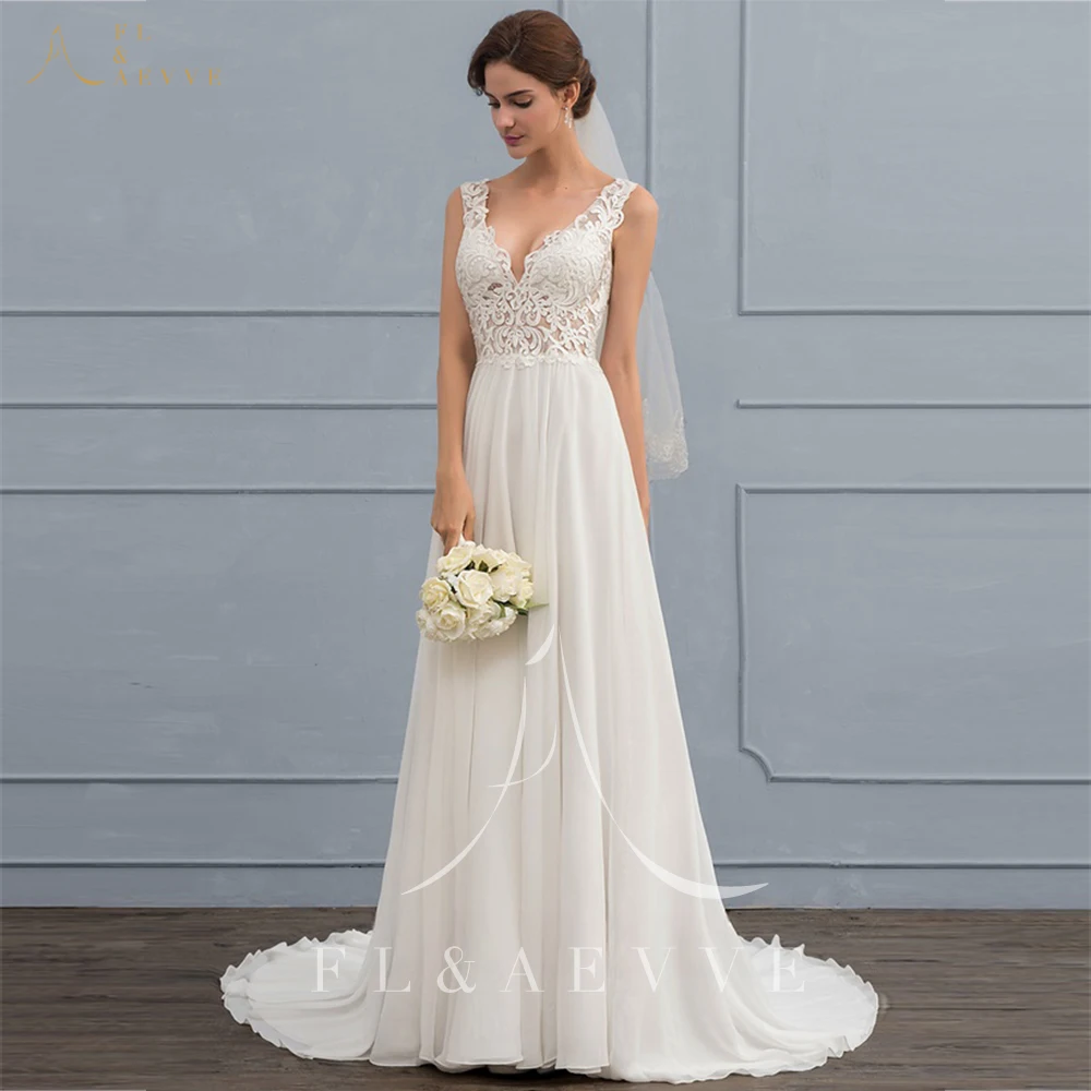 

Bohemian Brides Dress Princess Lace Chiffon Wedding Dress A-line V-Neck Court Train Bohème Party Dress Elegant Brides Gown Robe